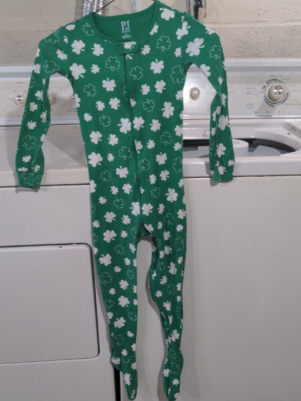 Place Green One-Piece Footie with White Shamrock 4 Leaf Clover Print